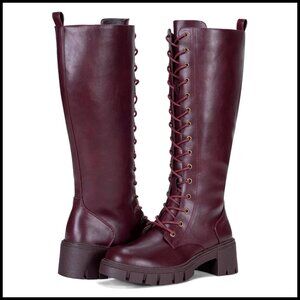 Knee High Combat Boots with Chunky Platform Heel, Lace Up Gothic Punk Work Boots
